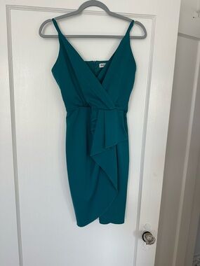 Grace Karin Teal V-Neck Midi Dress with Ruffle Detail